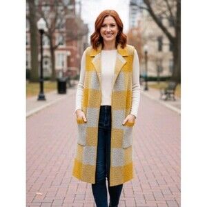 MONTEAU Los Angeles Women's S Yellow Gray Plaid Sleeveless Long Sweater Vest